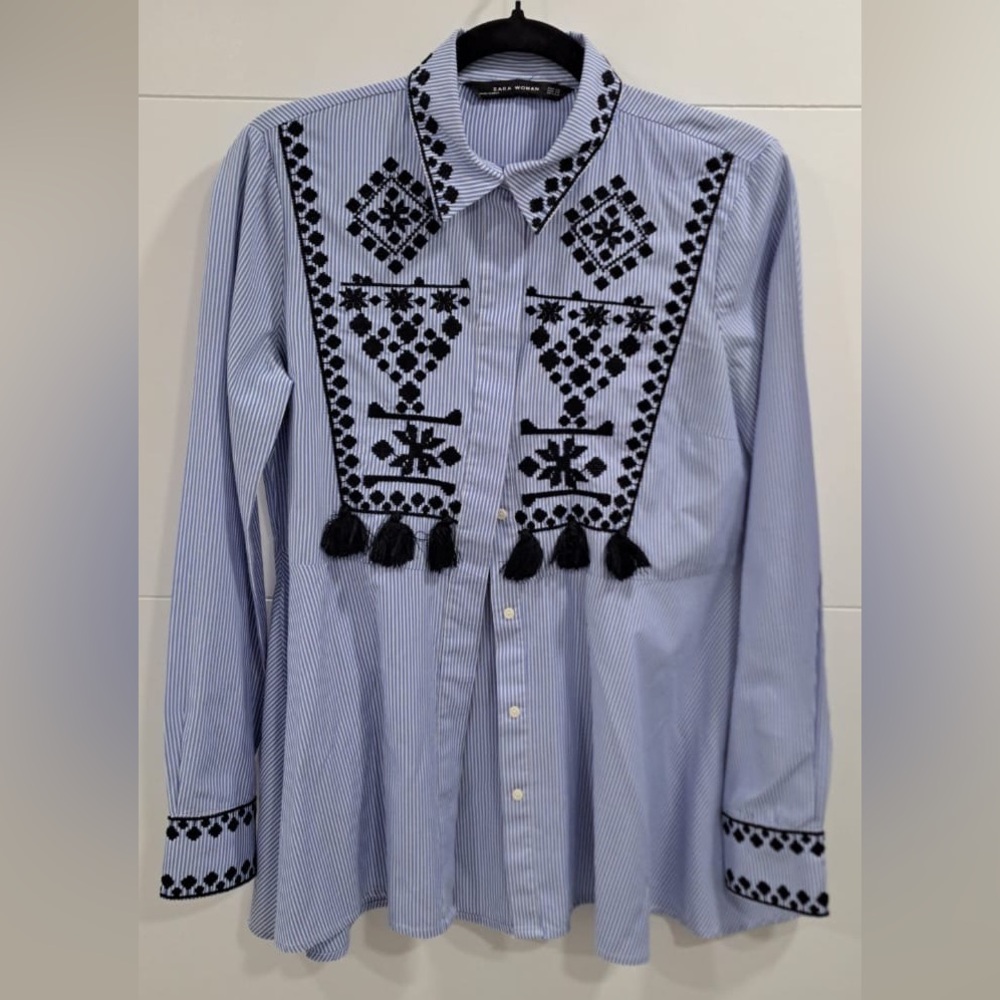 Zara Striped Blue Shirt with Black Embroidery